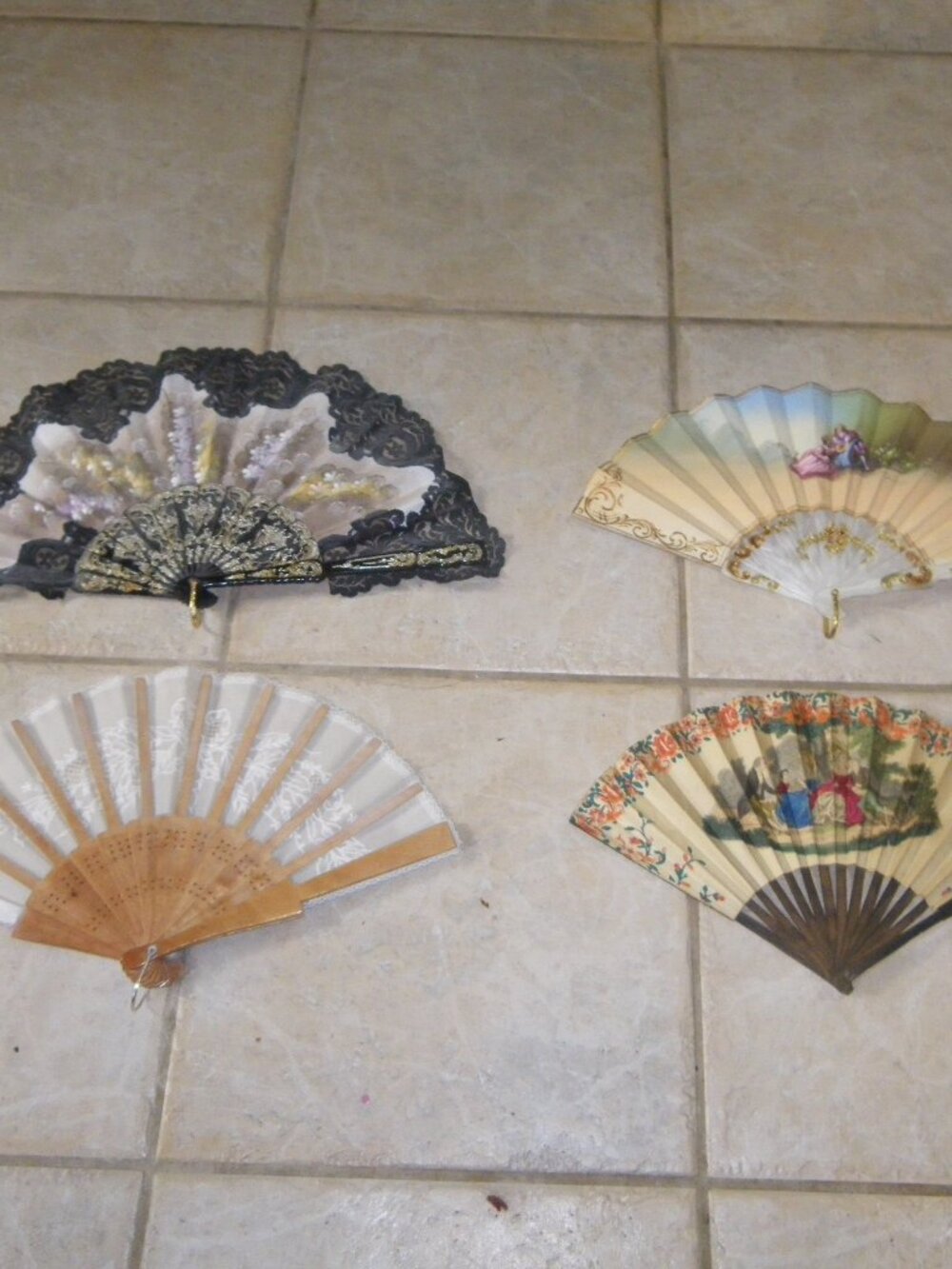 4 Vintage Decorative Foldable Hand Fans Lace Wood Paper